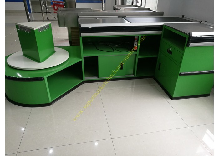 Quality Checkout Counter With Sensor Conveyor Belt / Cashier Desk Stand For Store for sale