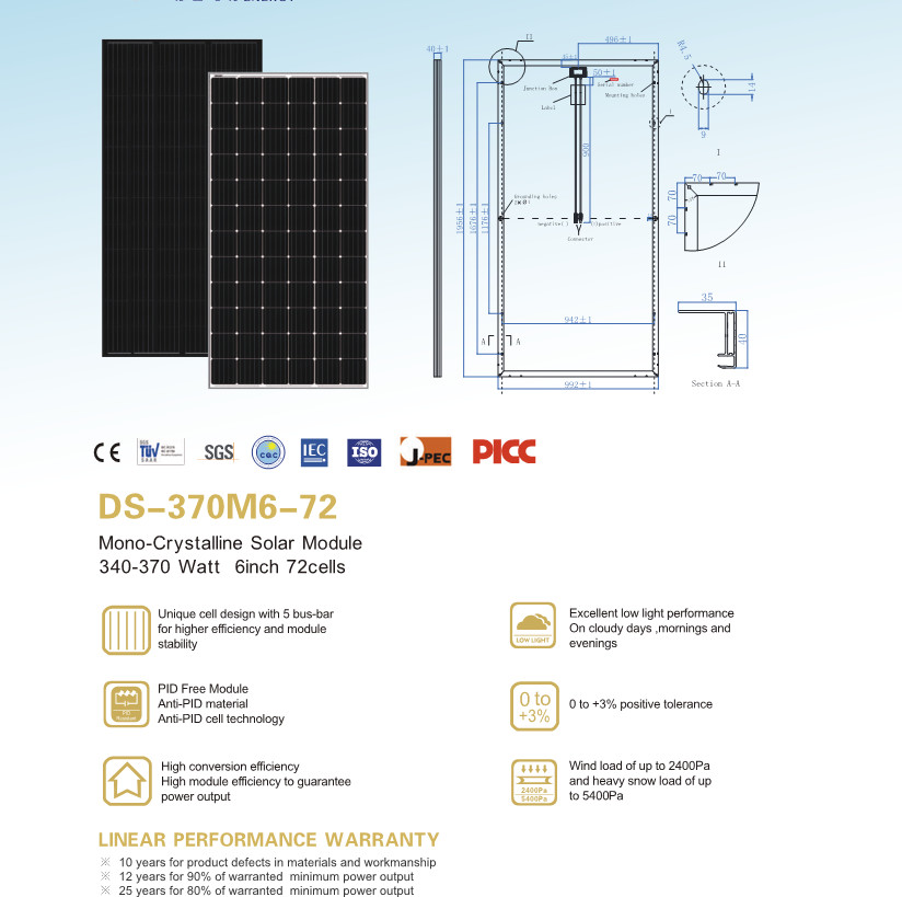 Quality 340W 350W 360W 370W Solar PV Panel Monocrystalline Solar Panel For Solar Farm for sale