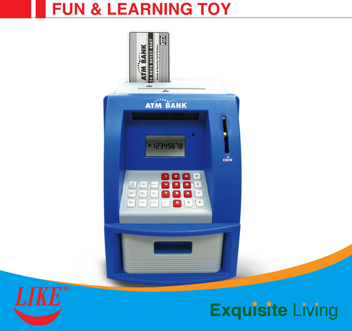 Quality ATM bank for kids Blue/White Color USD currency recoginition ABS plastic with VIP bank card for sale