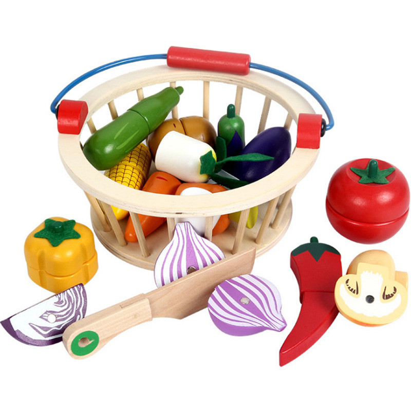 China Magnetic 10.5cm Wooden Fruit Cutting Set Wooden Fruit Basket Toy on sale