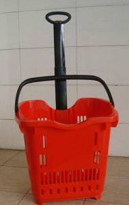 Quality Plastic Telescope Supermarket Rolling Shopping Basket With 2 PU Wheels for sale
