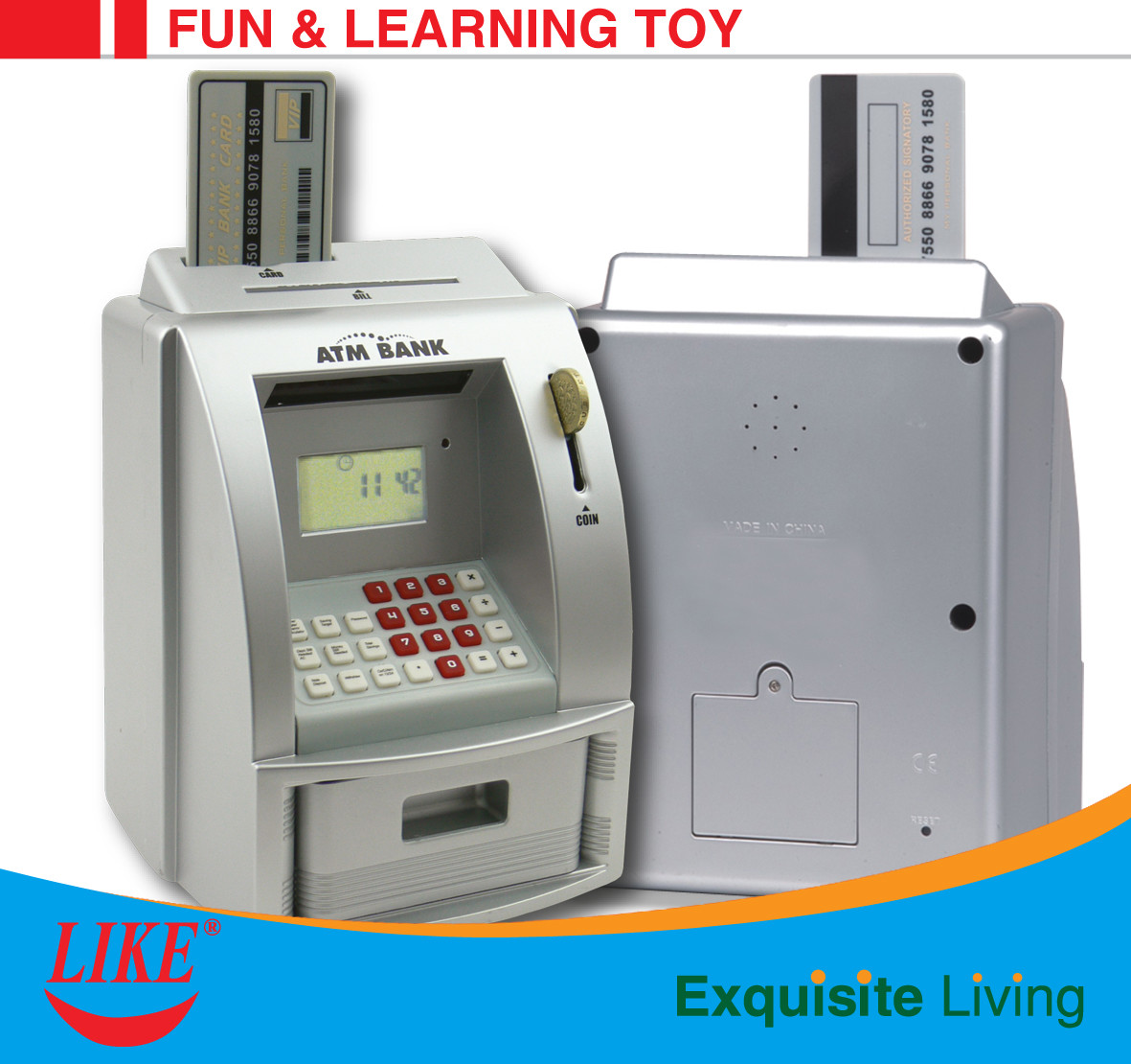 Quality ATM piggy bank electronic toy Blue/White Color USD currency recoginition ABS plastic with VIP bank card for sale