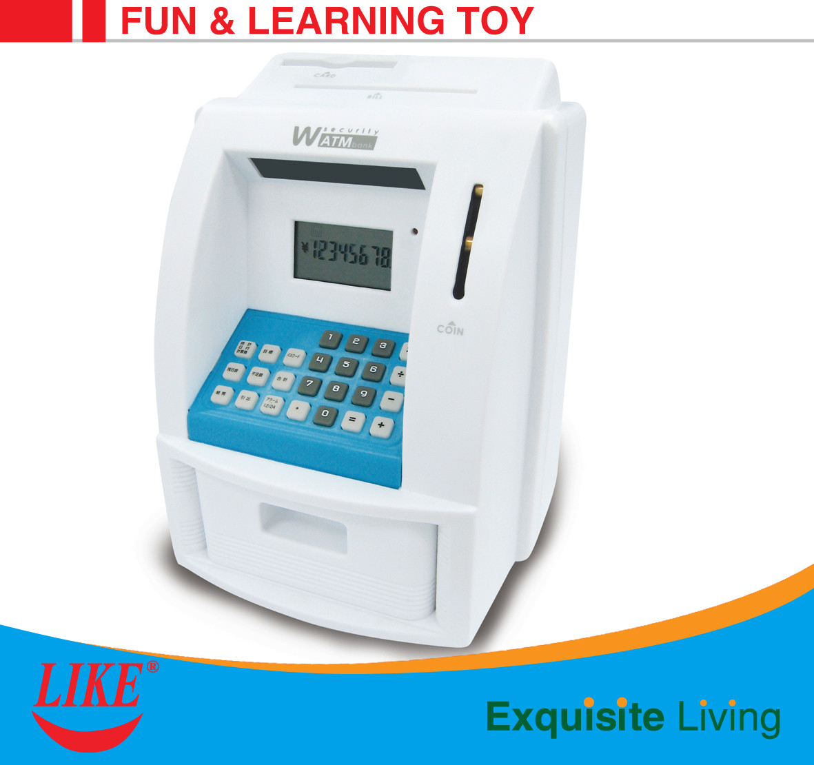 Quality ATM piggy bank electronic toy Blue/White Color USD currency recoginition ABS plastic with VIP bank card for sale