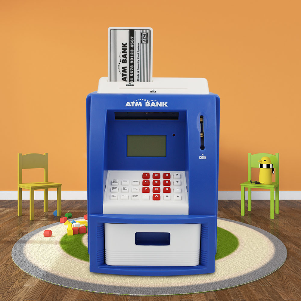 Quality ATM piggy bank for kids Blue/White Color USD currency recoginition ABS plastic with VIP bank card for sale
