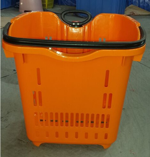 Quality Supermarket Rolling Plastic Hand Basket / Rolling Trolley Basket With 2 Wheels for sale