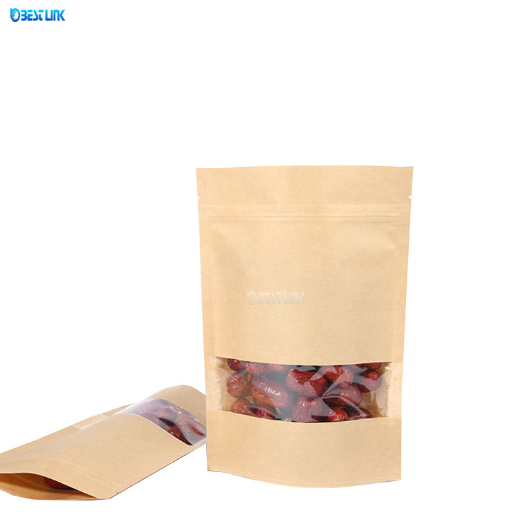 Quality Plain Kraft Waterproof Zip-lock Standing Pouch Brown Paper Bags with Clear Window for sale