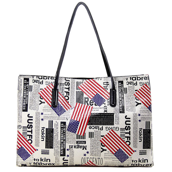 Buy Newspaper and Stars and Stripes Prints Large Leather Tote Bags for Women at wholesale prices