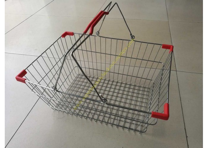 Quality Double Handle Wire Mesh Cosmetic Shopping Hand Baskets / Stacking Chrome Silver Basket for sale