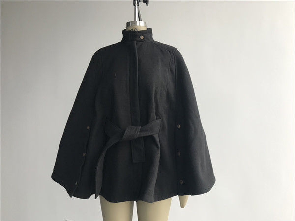 Quality Black Cape Funnel Collar Ladies Wool Coat Melton Material With Belt TW64853 for sale