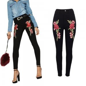 Embroidery Dark Black Ladies Jeans Pant High Rise Jeans For Women
