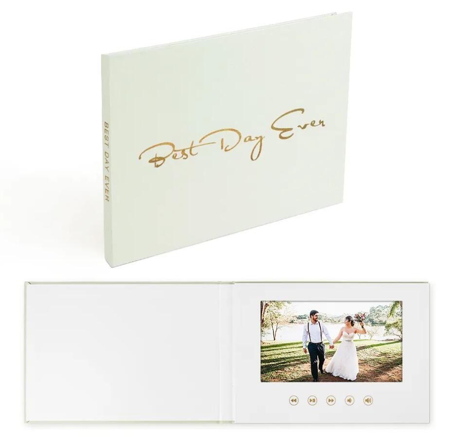 Quality customized 7 inch/10 inch HD LCD wedding video book motion books with linen cover and FOIL print for sale