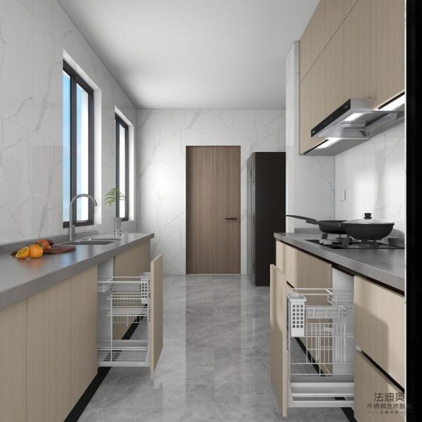 Stainless Steel Double Linear Kitchen Cabinets Light Wood Grain With Enhanced Storage Solution