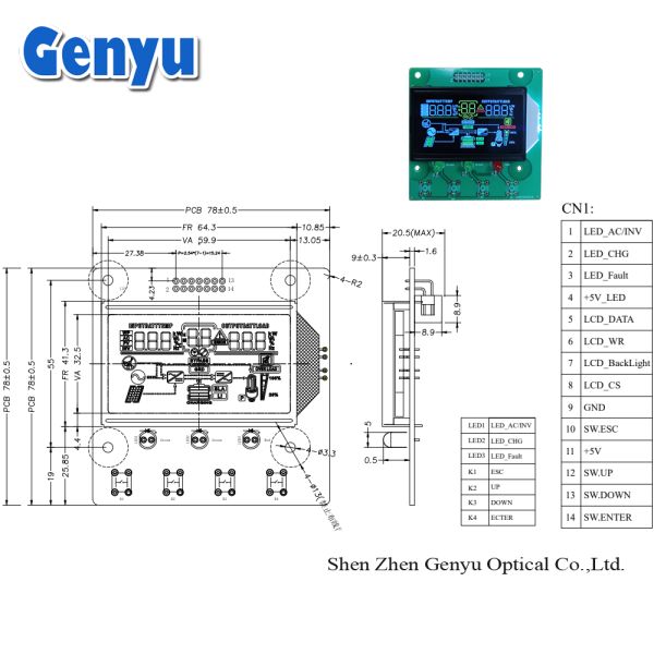 Customized VA Black LCD Screen Color Icons 11 Segment Display Modules with White Backlight 59.9 W x32.5 H mm Viewing Area