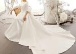 Ivory Plain Elegant Satin Wedding Gowns Half Sleeve Backless With Big Bow