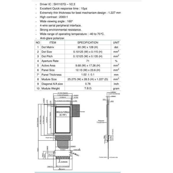 0.78 Inch PMOLED Display, 80x128 Resolution , 13 Pins 4 Wire SPI Interface, SH1107 IC Driving