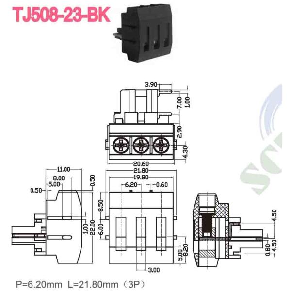 300V 10A M3 Screw Terminal Block Connector 12 24 AWG PBT 6.2mm Spacing Brass