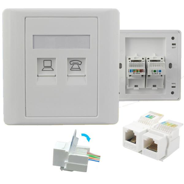 Buy Dual Port  RJ11 RJ45 Telephone Network Modular Jack Cat5E Quick Clamp For Wall Socket Outlet at wholesale prices