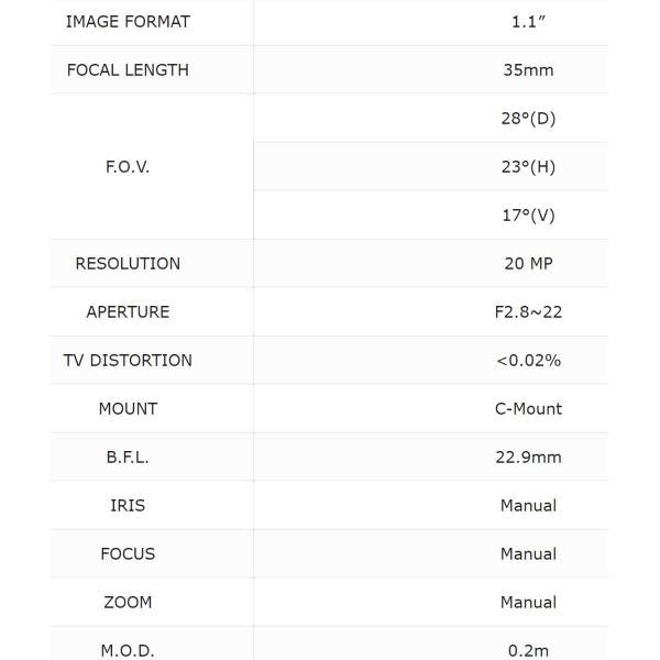C3511028M20, 20MPixel 1.1 inch 35mm C mount industrial lens, very low distorton less than 0.02% for FA,Optical Character