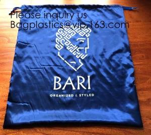 Large Dark Navy Blue Satin Dust Bag With Drawstring,Thick Black Satin Pouch With Gold Printing, bag with Printed Ribbon