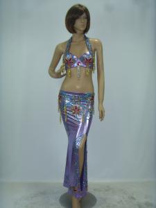 China 2 Pcs Belly Dancer Costume Purple Metallic Maxi Skirt Halter Neck Bra Flower Printing on sale