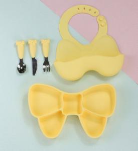 Quality Bow Knot Baby Feeding Suction Plate Cute Bib And Cartoon Spoon Fork Dish Sets for sale