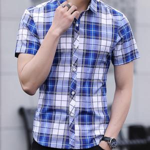 Quality Slim Fit Checkered Pattern Mens Casual Dress Shirts Short Sleeve Fast Drying for sale