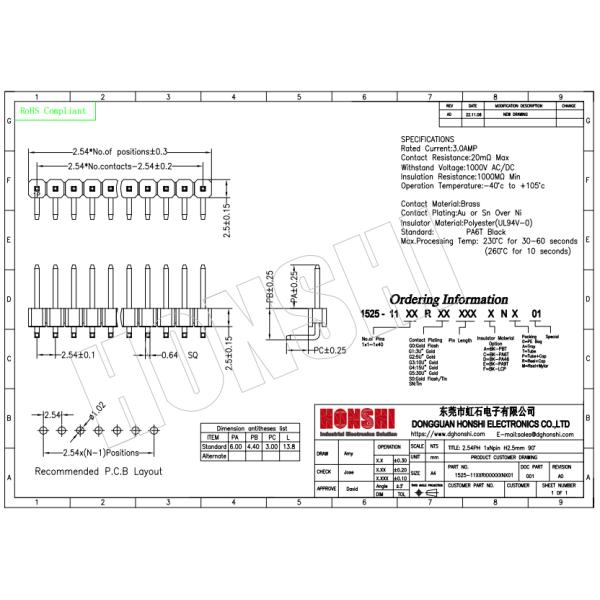 Right Angle 90 Degree Board To Board Connector SMD PCB 2.54mm Pin Header Connector