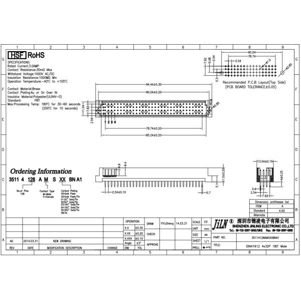PBT Brass DIN 41612 Connector 4 Rows 2.54mm Male Female 3.0A For PCB Mount