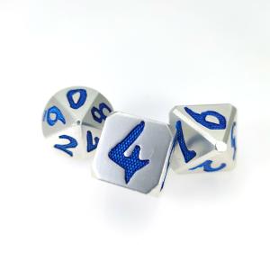 China Hand Carved DND With Exquisite Gift Box Packaging Blue Silver Polyhedral Dice Sets For Rpg Game on sale