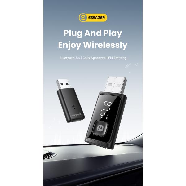 Bluetooth 5.4 FM Car Adapter with 10m Range USB-A