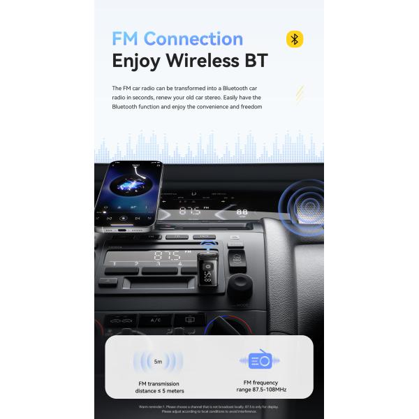 Bluetooth 5.4 FM Car Adapter with 10m Range USB-A