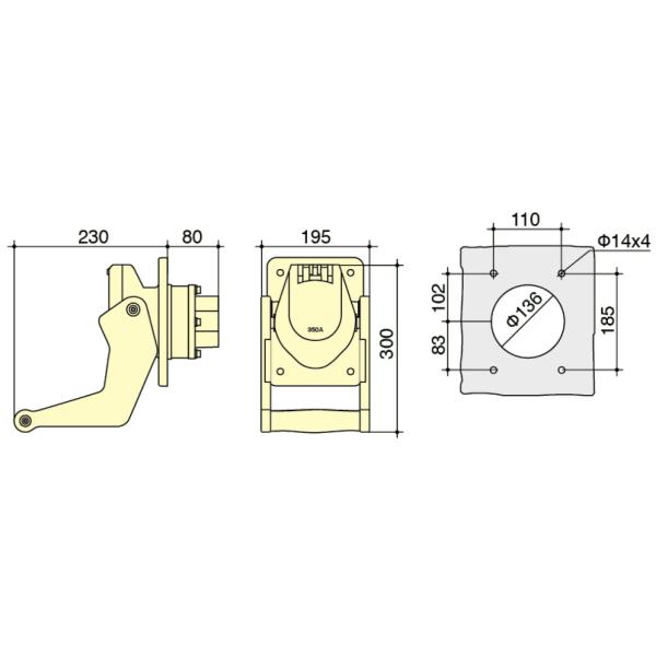PowerSyntax Shore Power High Current Industrial Panel Mounted Male Socket 4P 350A 400V IP67 Part No. MB350A-BP