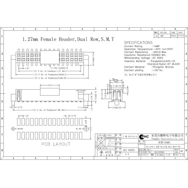 1.27 Pitch Connectors 2 Low 8-60pins SMT Female Pin Headers , Pin Header Connector With Cap LCP plastic