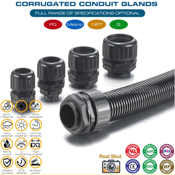 IP68 Waterproof Plastic Corrugated Conduit Glands with PG Thread for AD10-AD54.5 Flexible Tubes IP68 Waterproof Plastic Corrugated Conduit Glands with PG Thread for AD10-AD54.5 Flexible Tubes