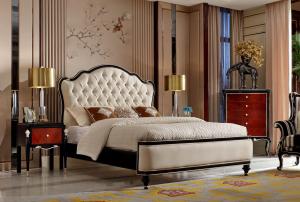 China Luxury furniture sets French Neoclassical Black Bright Solid Wood Furniture Leather Soft Packed Double Bed on sale