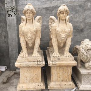 Quality BLVE Marble Sphinx Statues Natural Cave Stone Egyptian God Garden Sculpture Life Size Beige Outdoor Hand Carved for sale