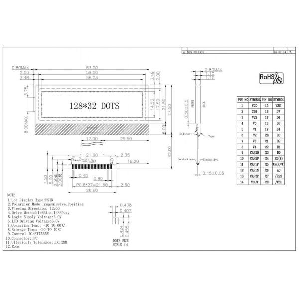 DFSTN/STN 128*32 Dots Black/ White Negative Graphic 12832 LCD Display Module
