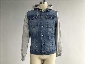 Light Wash Mens Denim Jacket And Jean With Brushed Fleece Sleeves / Detachable Hood