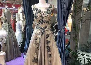 Quality Sleeveless Backless Ball Gown , Champagne Tulle Prom Dress Embroidery Flowers for sale