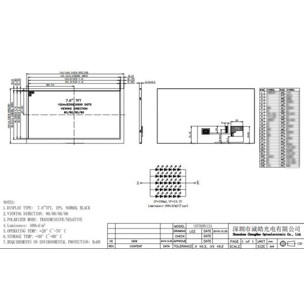 1024x600 High Resolution LCD Screen Wide Temperature 7.0 Inch LCD Display