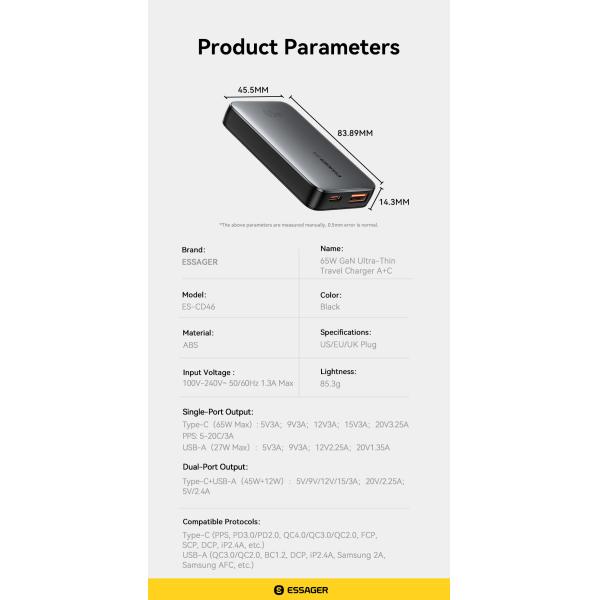 ESSAGER ES-CD46 65W USB Type C GaN Wall Super Fast Charger 2 Ports