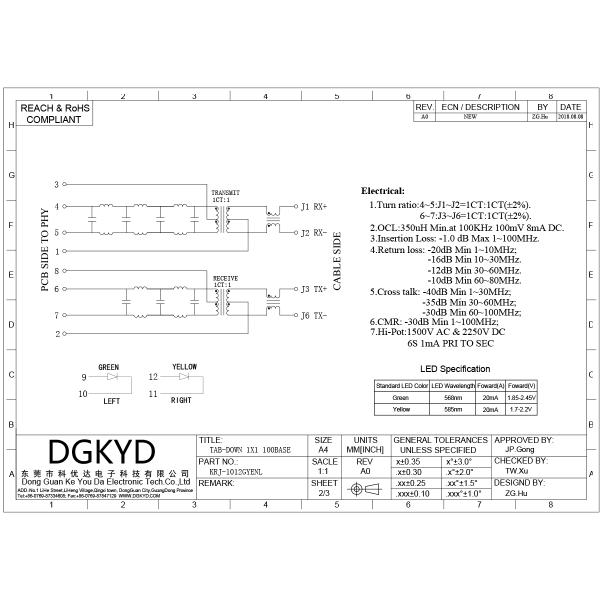 PCB Network RJ45 Modular Jack With Filter , LED Tab Down Side Entry Ethernet Socket RJ45 Network Interface 100Mbps Connector KRJ-1012GYENL