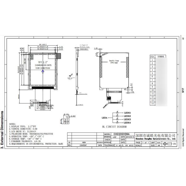 4 Lines 8bit SPI 2.2 Inch Thin Panel TFT LCD Module TN Transmissive Mode