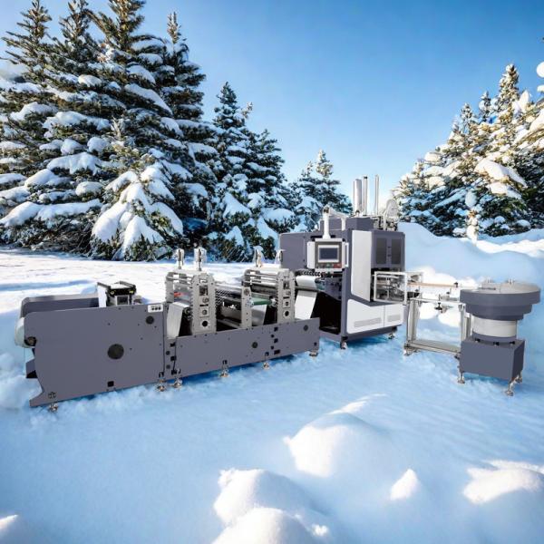 Features 4 spindles and 2 shafts for efficient production, and a turret design for precise cutting and rewinding.