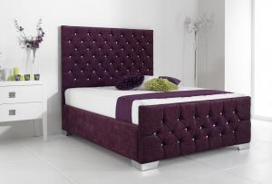China Red Wine Velvet Fabric Bed Frame Double Size Wood High Headboard Bed on sale