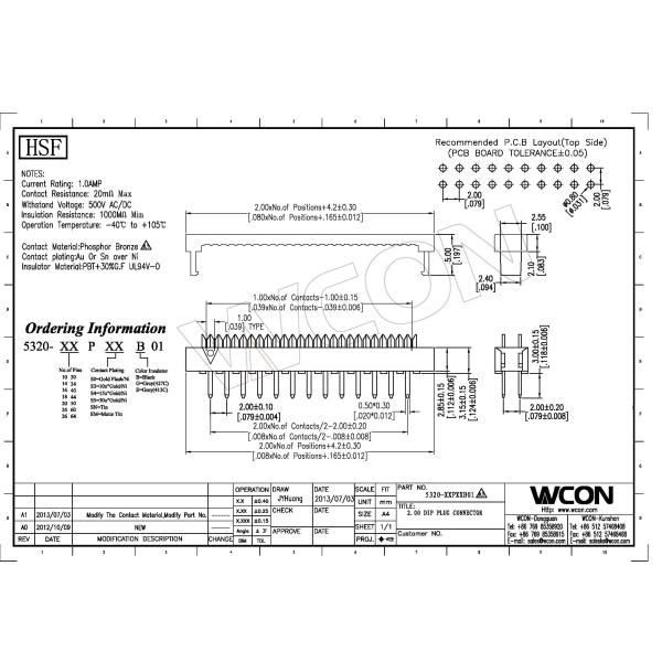 2.0mm DIP Plug Connector 2*12P PBT Black P/Bronze Tin Plating ROHS