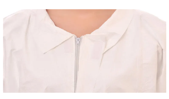 White Non Woven Disposable Lab Gown With Zipper Elastic Cuffs Collar