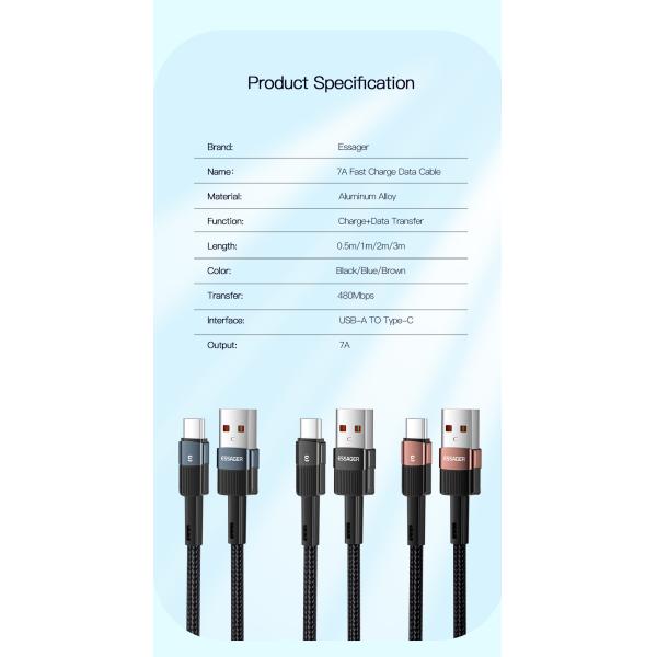 Android Fast Charging Data Cable Type C 1/2/3M 7A 100W For Huawei Xiaomi
