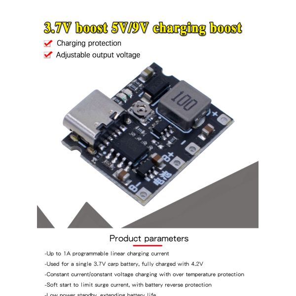 3.7V To 9V 5V 2A DC-DC Step Up Boost Module 18650 Lithium Battery Charging Discharging Board Type-C DC TP4056
