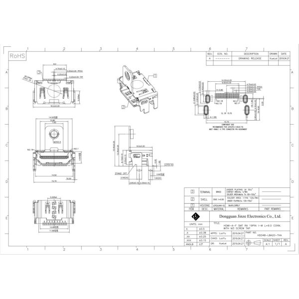 Horizontal SMT plug HDMI Socket Connector Gold Plated Female Type A